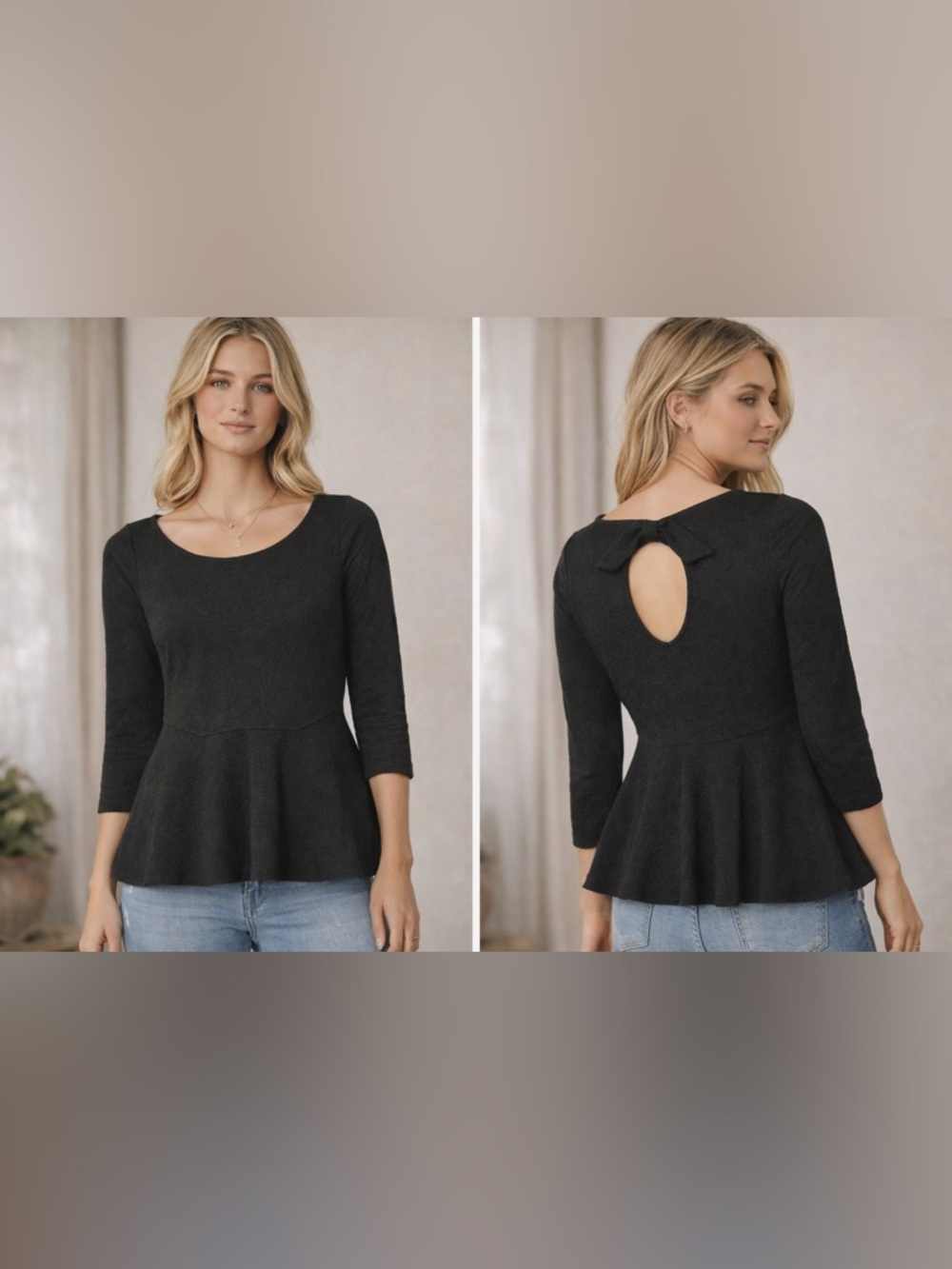 Leifsdottir Black Textured Peplum Top |Bow Back | Anthropologie | Feminine Chic